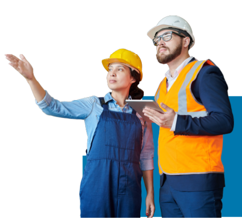 Man and woman in safety gear looking at something